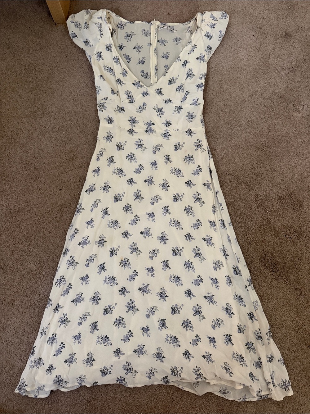 Reformation Cream Midi Dress with Blue Floral Print